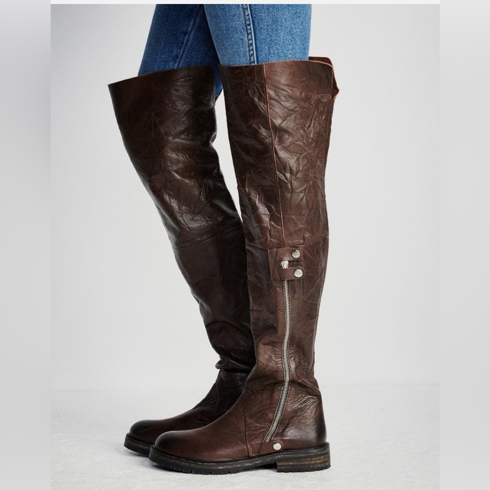 Free People OTK Boots Over-The-Knee Brown Leather Riding Boots